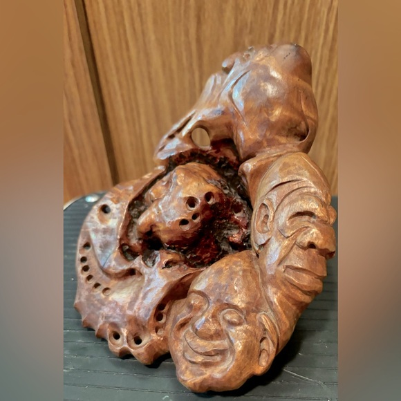 Vintage ( LIKE,Netsuke Chinese Boxwood) 3 Faces Burl Wood Hand Carved Sculpture - Picture 2 of 10